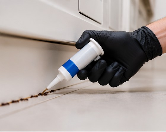 A gloved technician applying a bead of gel bait along the join between a kitchen unit and the floor
