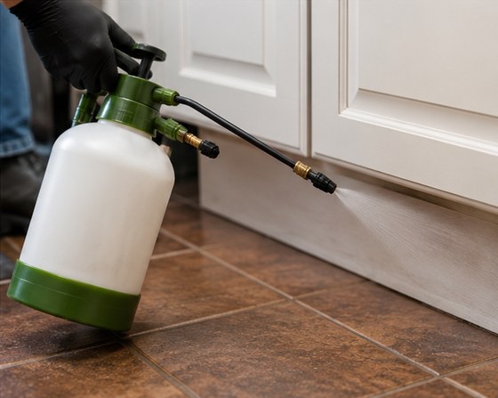 A technician treating the base of a kitchen unit with a pressure sprayer