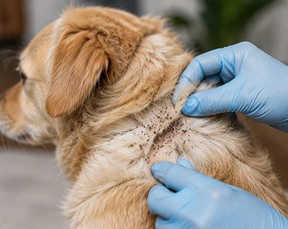 Gloved hands parting a dog's fur to check the skin underneath