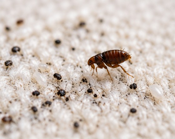 A flea on a pale carpet pile surrounded by flea dirt and eggs