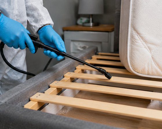 A technician treating the slats of a bed frame