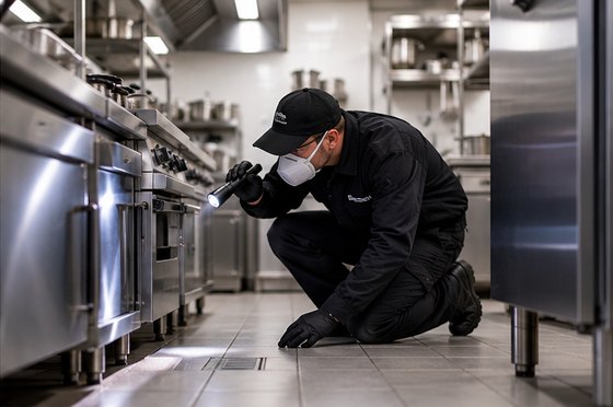 A pest control technician inspecting under stainless steel units in a commercial kitchen