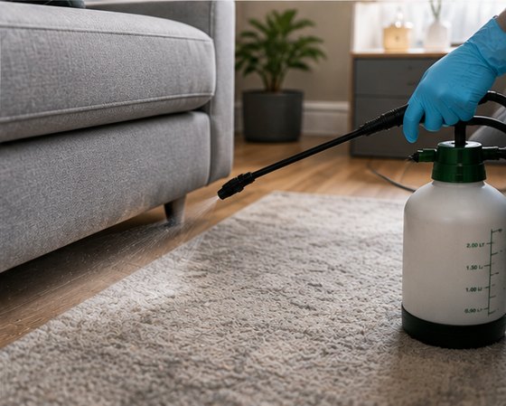 A technician treating the carpet along the base of a sofa with a hand sprayer