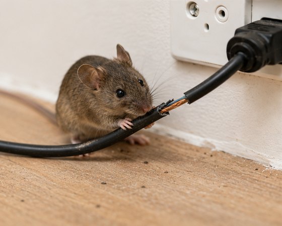 A mouse gnawing at an electrical cable against a skirting board