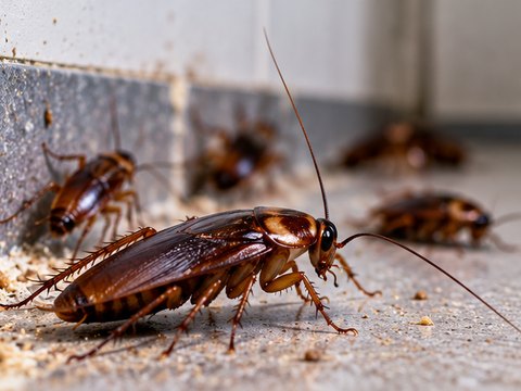 Cockroaches on a hard floor beside a wall