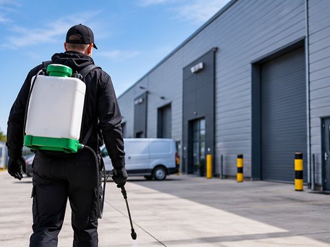 A pest control technician with a sprayer outside a commercial unit