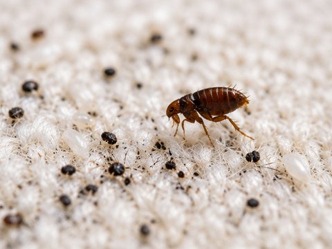 A flea on a pale carpet pile surrounded by flea dirt and eggs