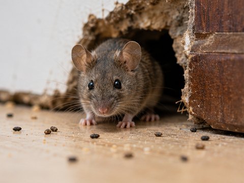 A mouse at a gnawed hole in a skirting board