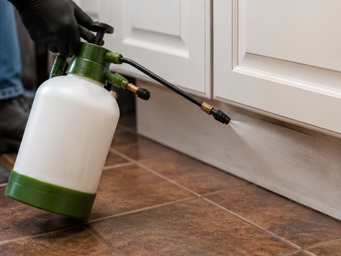 A technician treating the base of a door frame with a pressure sprayer
