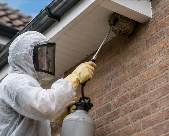 A pest control technician in a protective suit treating a wasp nest under the eaves of a house